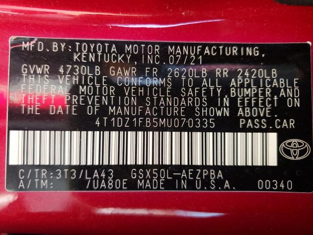 4T1DZ1FB5MU070335 - 2021 TOYOTA AVALON LIMITED RED photo 12