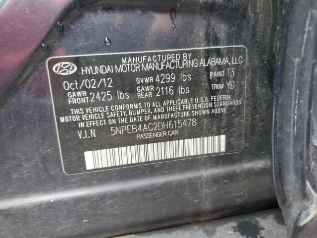 5NPEB4AC2DH615478 - 2013 HYUNDAI SONATA GLS BLACK photo 12