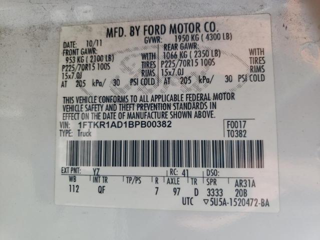 1FTKR1AD1BPB00382 - 2011 FORD RANGER WHITE photo 12