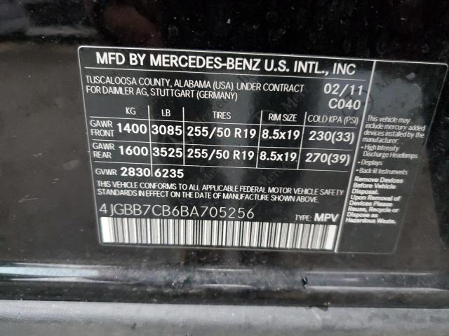 4JGBB7CB6BA705256 - 2011 MERCEDES-BENZ ML 550 4MATIC BLACK photo 12