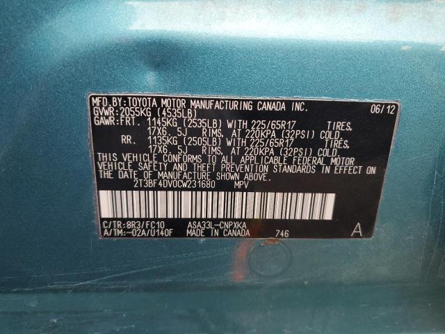 2T3BF4DV0CW231680 - 2012 TOYOTA RAV4 TURQUOISE photo 12