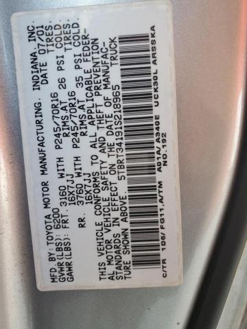 5TBRT34191S218965 - 2001 TOYOTA TUNDRA ACCESS CAB ვერცხლისფერი ფოტო 12