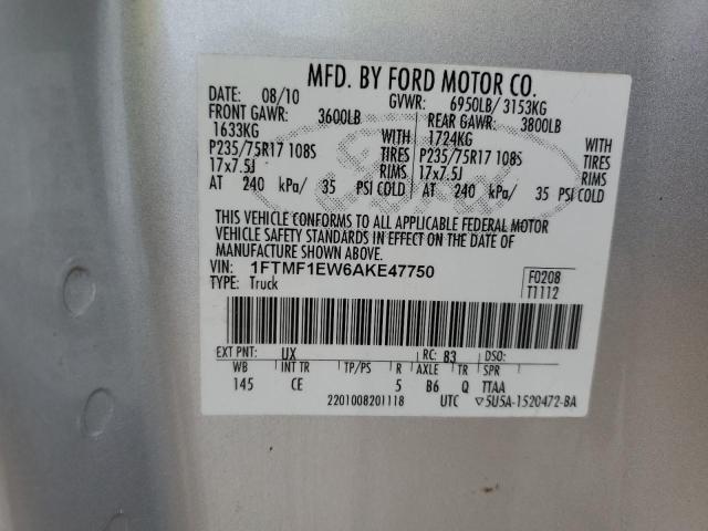 1FTMF1EW6AKE47750 - 2010 FORD F150 SILVER photo 12