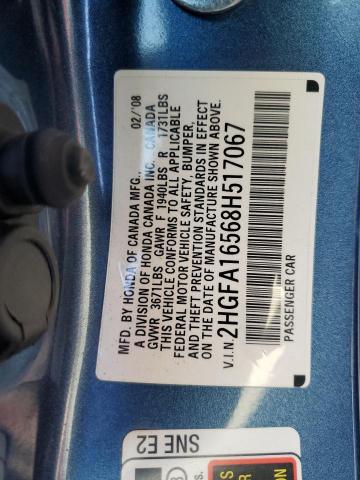 2HGFA16568H517067 - 2008 HONDA CIVIC LX BLUE photo 12