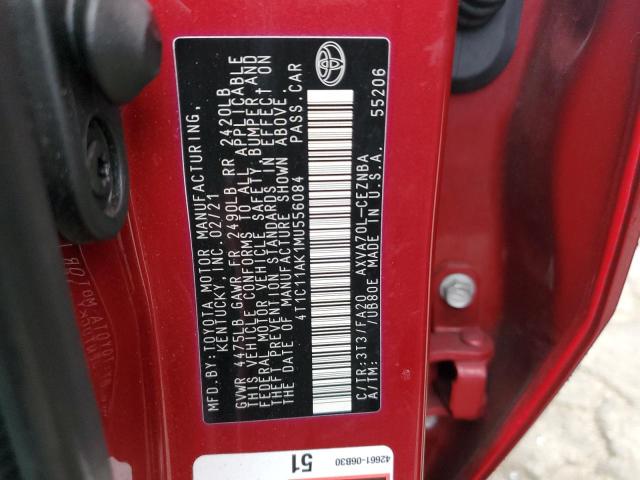 4T1C11AK1MU556084 - 2021 TOYOTA CAMRY LE RED photo 12