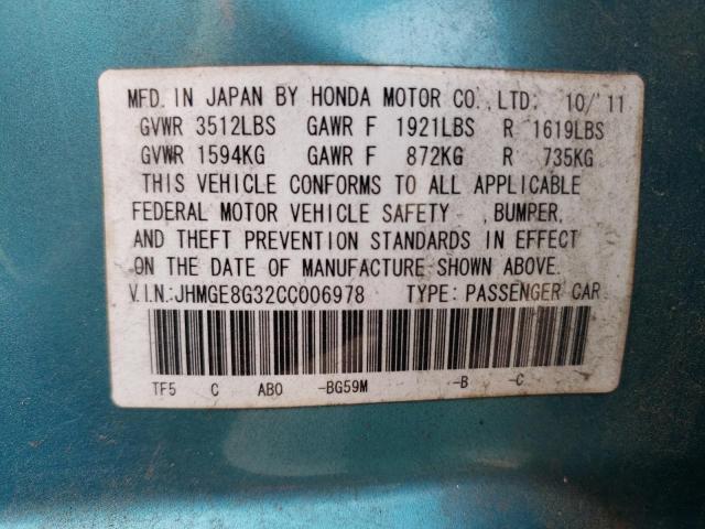 JHMGE8G32CC006978 - 2012 HONDA FIT TEAL photo 12