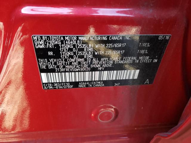 2T3RFREV5GW490620 - 2016 TOYOTA RAV4 XLE RED photo 13