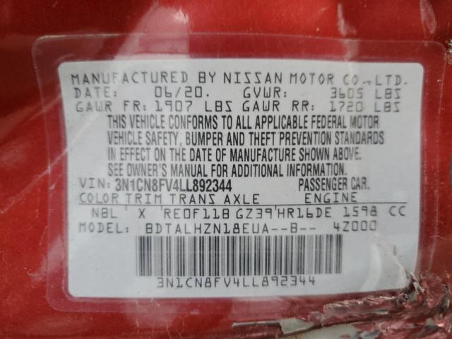 3N1CN8FV4LL892344 - 2020 NISSAN VERSA SR RED photo 12