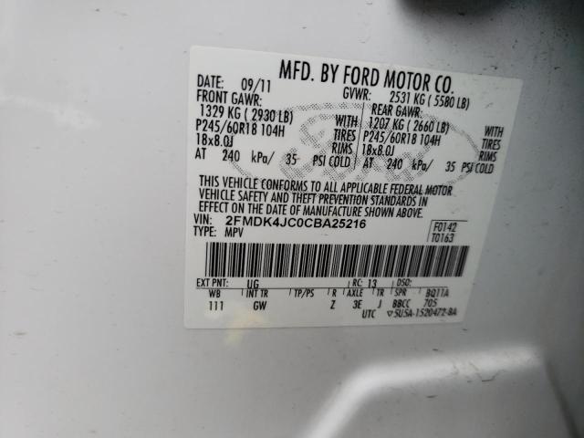 2FMDK4JC0CBA25216 - 2012 FORD EDGE SEL WHITE photo 12