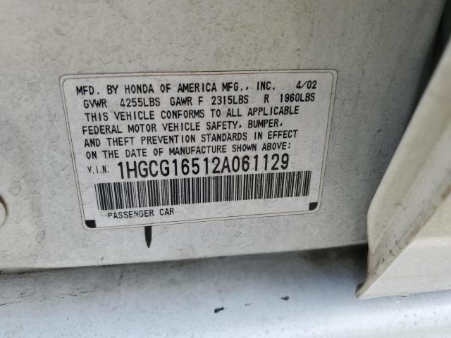 1HGCG16512A061129 - 2002 HONDA ACCORD EX WHITE photo 12