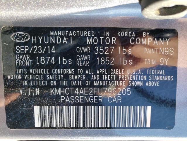 KMHCT4AE2FU796205 - 2015 HYUNDAI ACCENT GLS GRAY photo 12