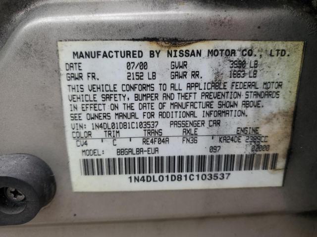 1N4DL01D81C103537 - 2001 NISSAN ALTIMA XE GOLD photo 12