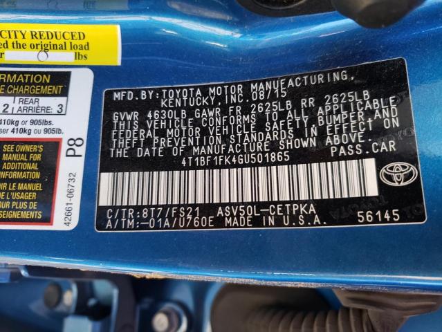 4T1BF1FK4GU501865 - 2016 TOYOTA CAMRY LE BLUE photo 12