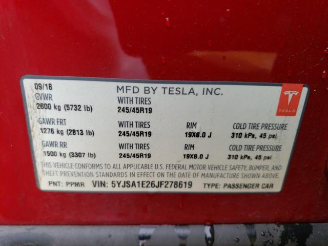 5YJSA1E26JF278619 - 2018 TESLA MODEL S წითელი ფოტო 12