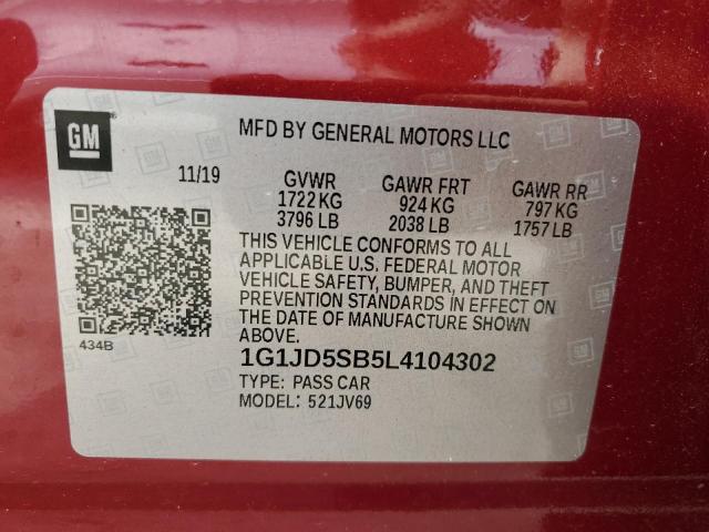 1G1JD5SB5L4104302 - 2020 CHEVROLET SONIC LT RED photo 12