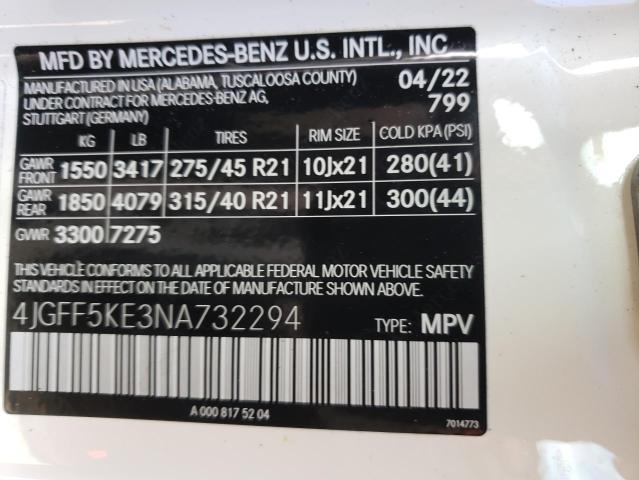 4JGFF5KE3NA732294 - 2022 MERCEDES-BENZ GLS 450 4MATIC WHITE photo 12