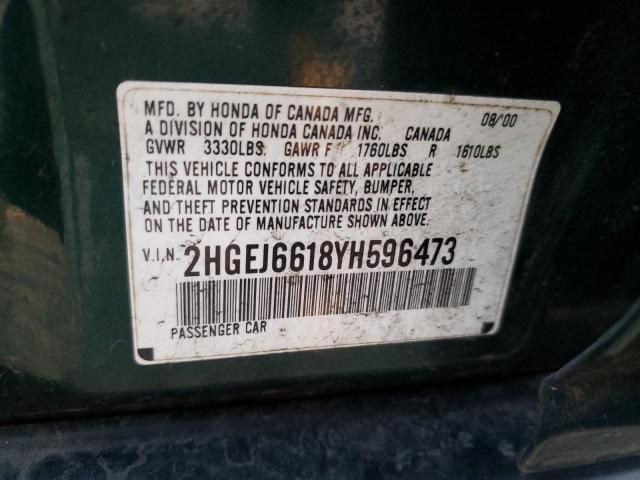 2HGEJ6618YH596473 - 2000 HONDA CIVIC BASE GREEN photo 12