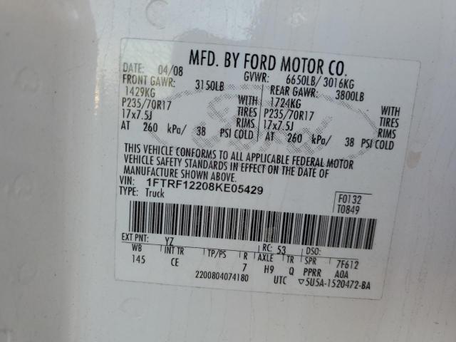 1FTRF12208KE05429 - 2008 FORD F150 WHITE photo 12