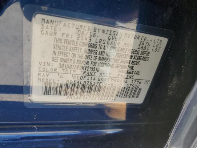 3N1AB7AP2KY215510 - 2019 NISSAN SENTRA S BLUE photo 12