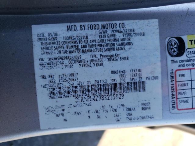 3FAHP08Z98R235029 - 2008 FORD FUSION SEL SILVER photo 12