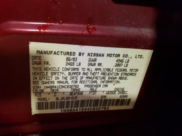 1N4BA41E94C832793 - 2004 NISSAN MAXIMA SE BURGUNDY photo 12