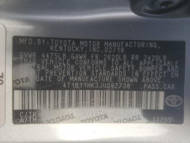 4T1B11HK3JU087738 - 2018 TOYOTA CAMRY L SILVER photo 12