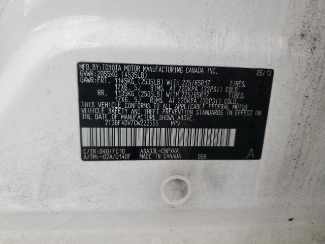 2T3BF4DV7CW222555 - 2012 TOYOTA RAV4 WHITE photo 13