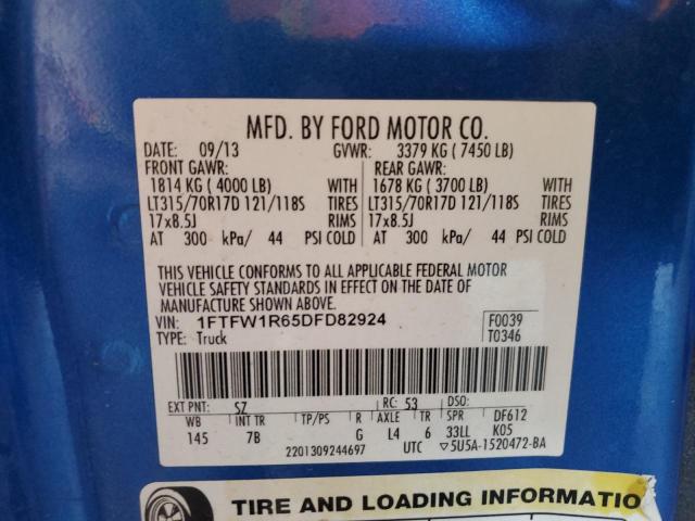 1FTFW1R65DFD82924 - 2013 FORD F150 SVT RAPTOR BLUE photo 13