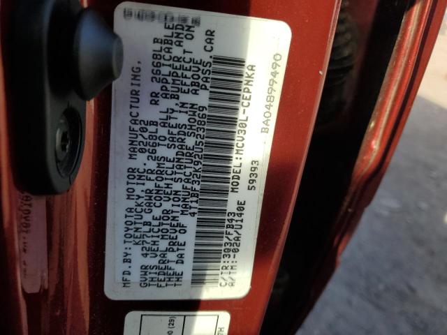 4T1BF32K92U523869 - 2002 TOYOTA CAMRY LE BURGUNDY photo 12