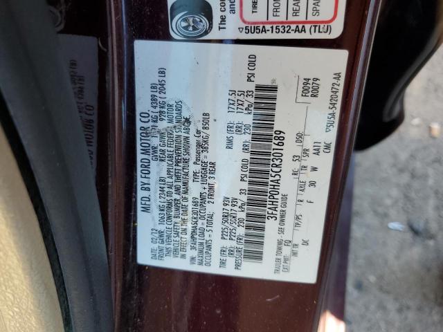 3FAHP0HA5CR301689 - 2012 FORD FUSION SE MAROON photo 12