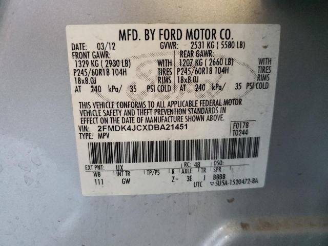 2FMDK4JCXDBA21451 - 2013 FORD EDGE SEL SILVER photo 13