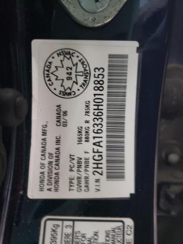 2HGFA16336H018853 - 2006 HONDA CIVIC DX VP BLUE photo 12