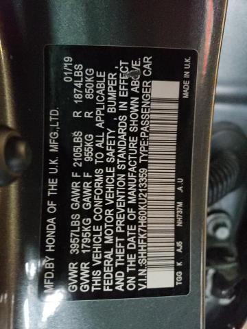 SHHFK7H60KU213359 - 2019 HONDA CIVIC EX GRAY photo 13