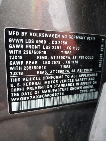 WVGBV7AX9CW005774 - 2012 VOLKSWAGEN TIGUAN S CHARCOAL photo 13