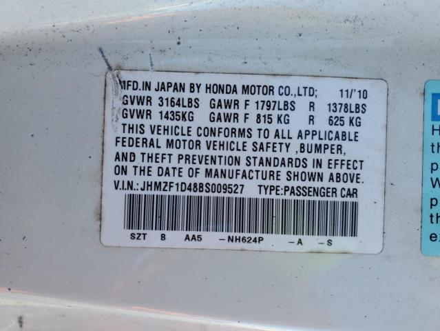 JHMZF1D48BS009527 - 2011 HONDA CR-Z WHITE photo 12