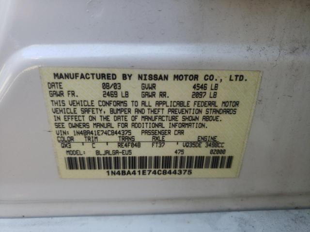 1N4BA41E74C844375 - 2004 NISSAN MAXIMA SE WHITE photo 13