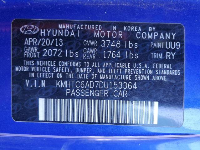 KMHTC6AD7DU153364 - 2013 HYUNDAI VELOSTER BLUE photo 13