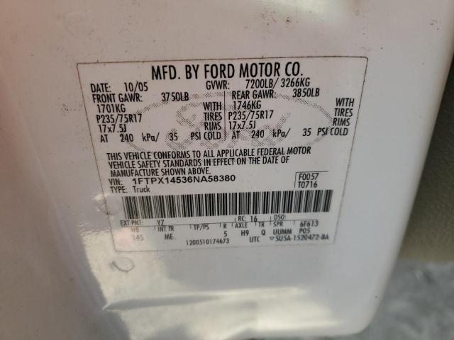 1FTPX14536NA58380 - 2006 FORD F150 WHITE photo 13