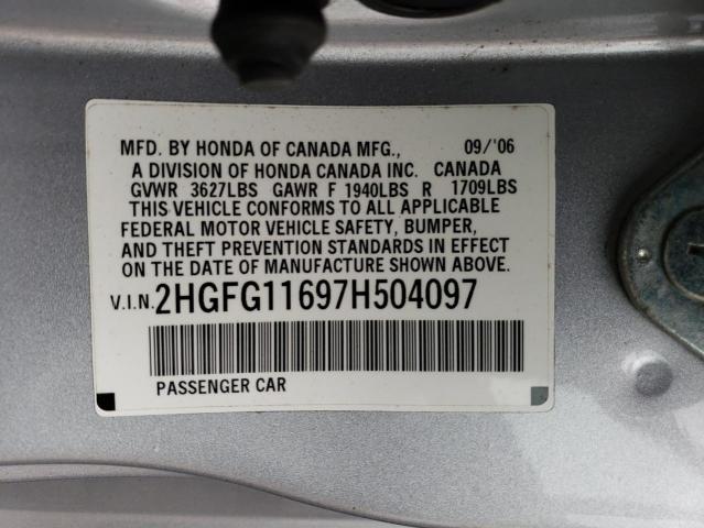 2HGFG11697H504097 - 2007 HONDA CIVIC LX SILVER photo 12