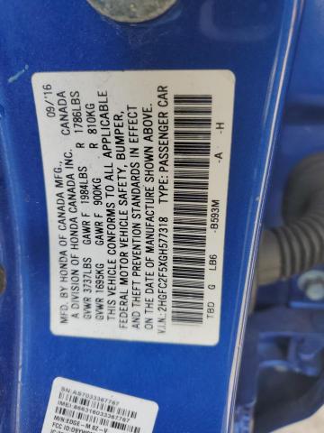 2HGFC2F5XGH577318 - 2016 HONDA CIVIC LX BLUE photo 12