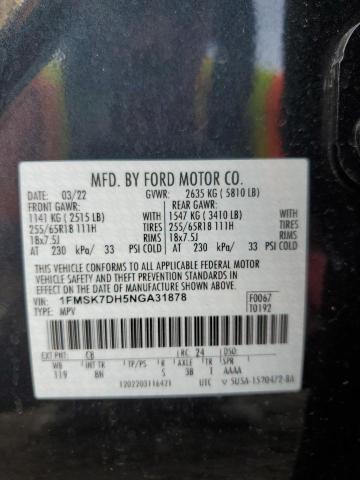 1FMSK7DH5NGA31878 - 2022 FORD EXPLORER XLT BLACK photo 13