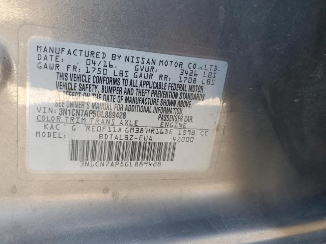 3N1CN7AP5GL889428 - 2016 NISSAN VERSA S GRAY photo 12