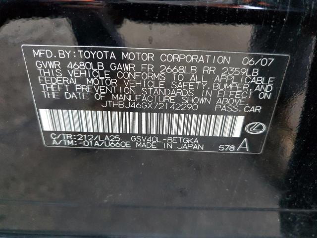 JTHBJ46GX72142290 - 2007 LEXUS ES 350 BLACK photo 12