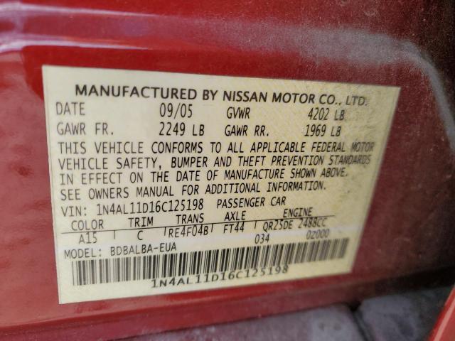 1N4AL11D16C125198 - 2006 NISSAN ALTIMA S RED photo 12