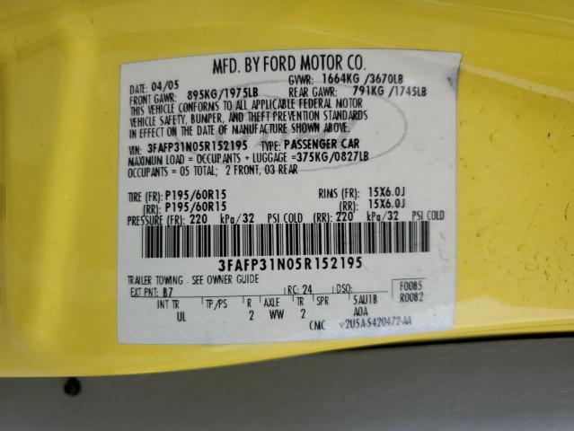 3FAFP31N05R152195 - 2005 FORD FOCUS ZX3 YELLOW photo 12