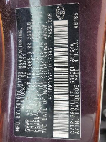 4T1BK3DB7BU417395 - 2011 TOYOTA AVALON BASE 栗色 照片 12