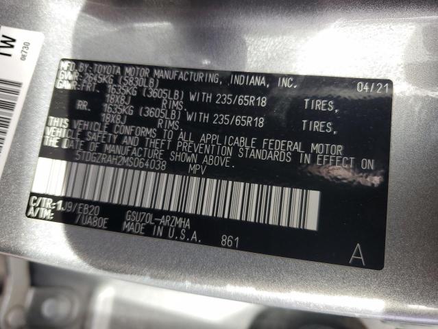 5TDGZRAH2MS064038 - 2021 TOYOTA HIGHLANDER XLE SILVER photo 12