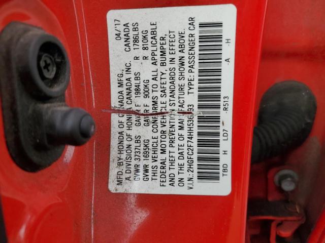 2HGFC2F74HH536993 - 2017 HONDA CIVIC EX RED photo 12