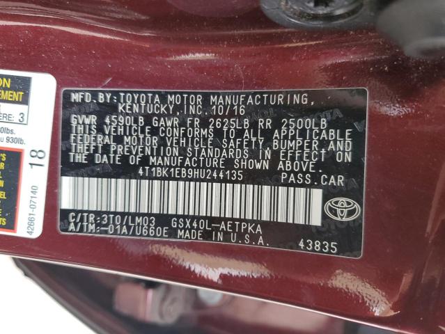 4T1BK1EB9HU244135 - 2017 TOYOTA AVALON XLE BURGUNDY photo 13