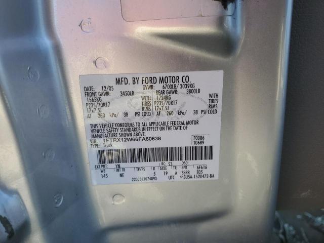 1FTRX12W66FA60638 - 2006 FORD F150 SILVER photo 12